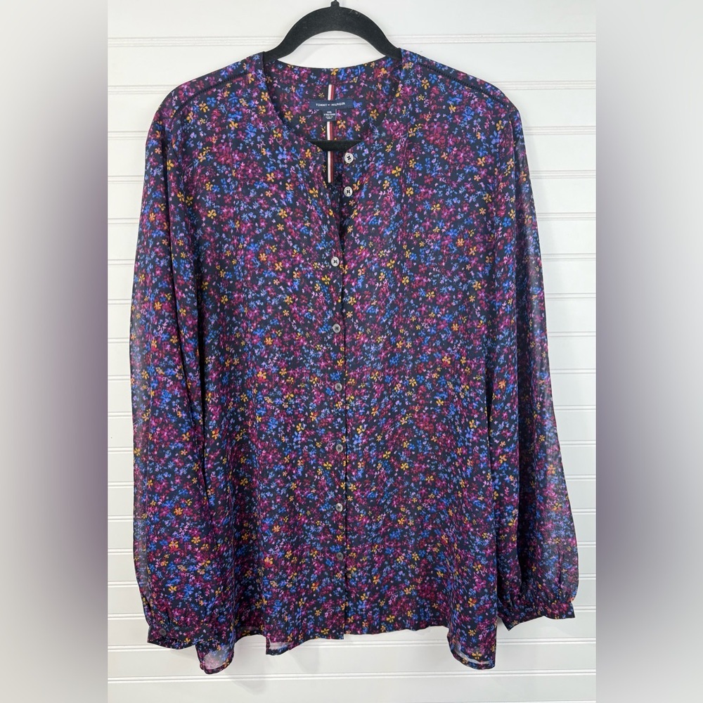 Tommy Hilfiger womens blue Multicolor sheer Floral blouse. Plus size XXL